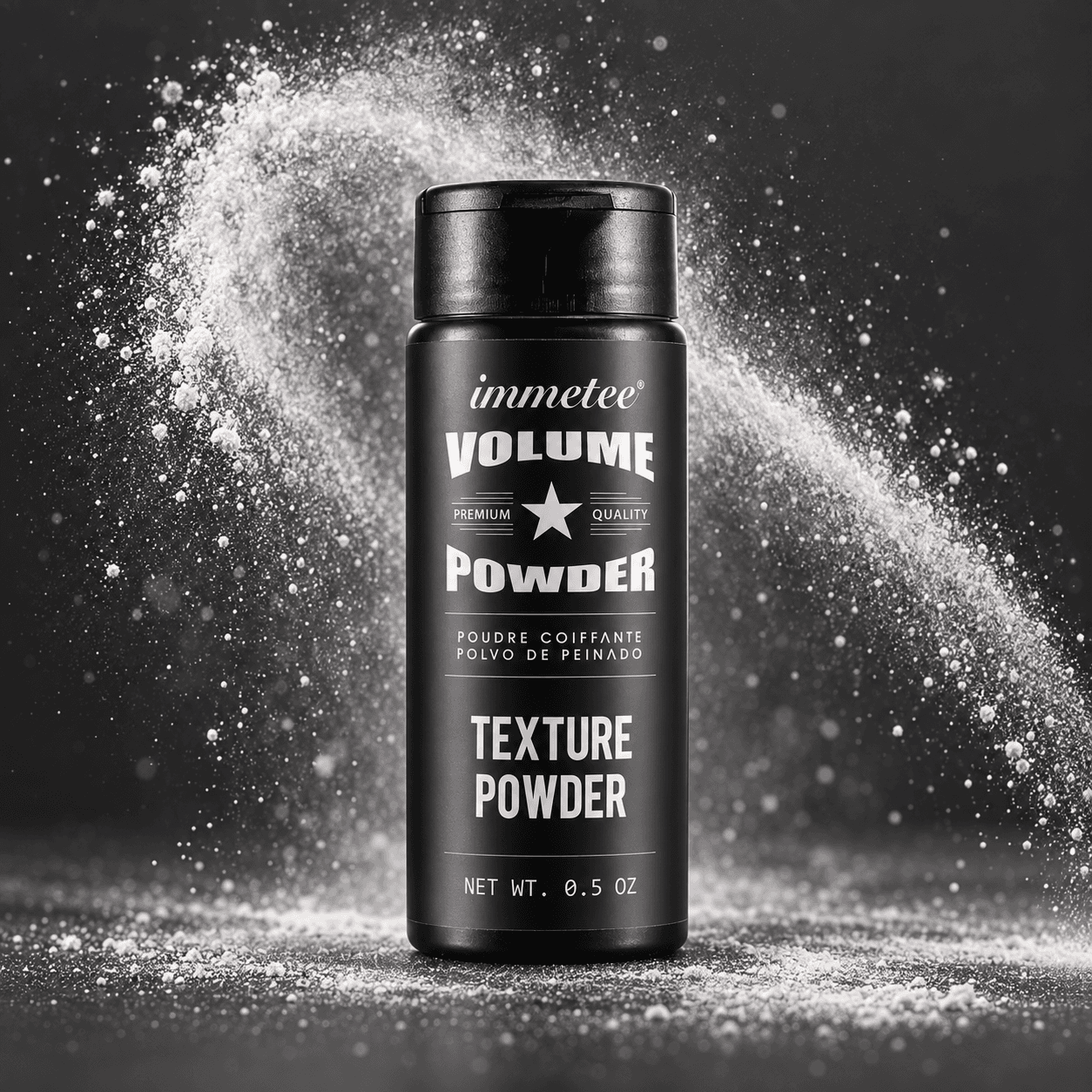 Fine styling powder suspended around the immetee bottle