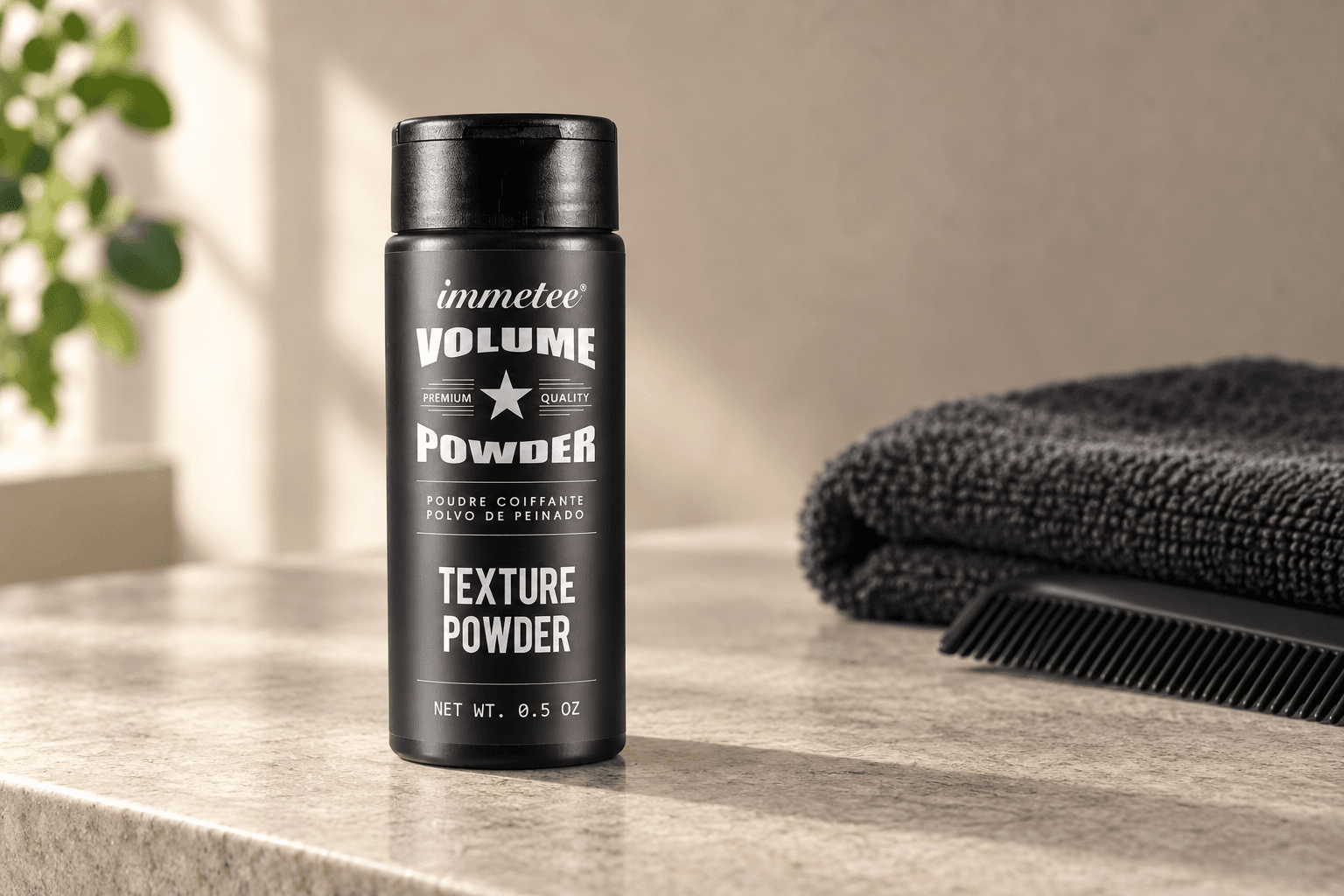 immetee texture powder on a grooming counter